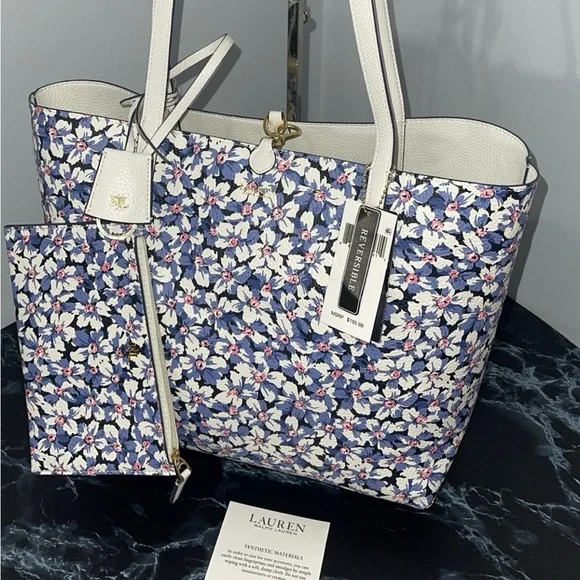 LAUREN RALPH LAUREN Bag Leather Print Tote Purple Vanilla/Breeze Floral w Pouch - Picture 9 of 14